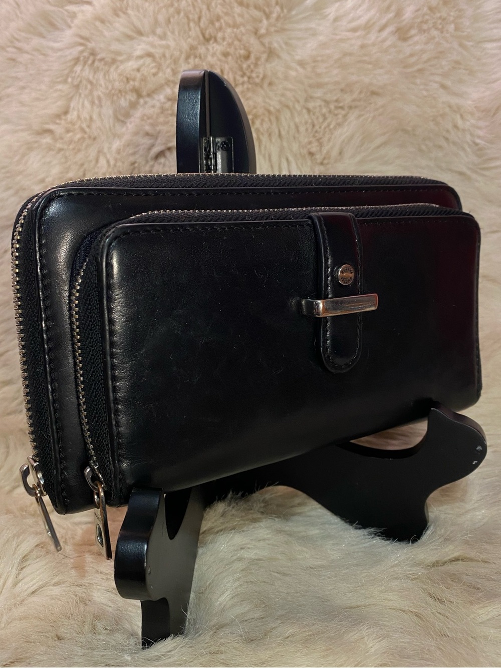RUDSAK Black Leather Zip-Around Wallet with Front Pocket
